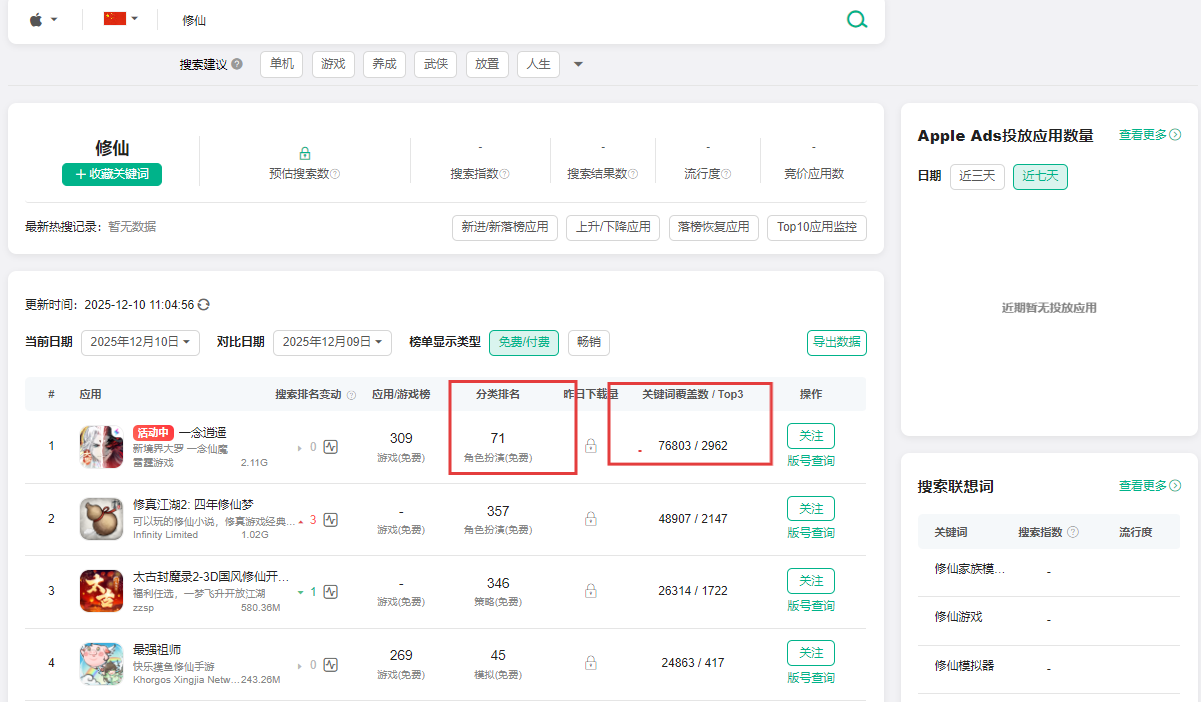 七麦数据关键词分析界面