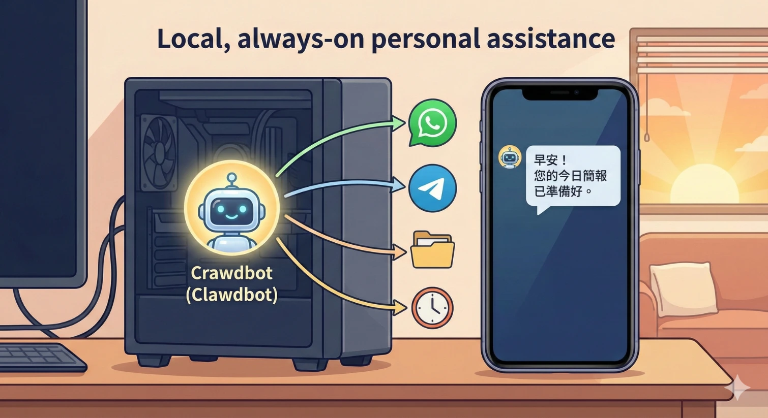 圖一：Crawdbot 是一個住在你本地電腦中的 AI 助理，它能主動透過通訊軟體與你聯繫，並管理你的檔案與行程