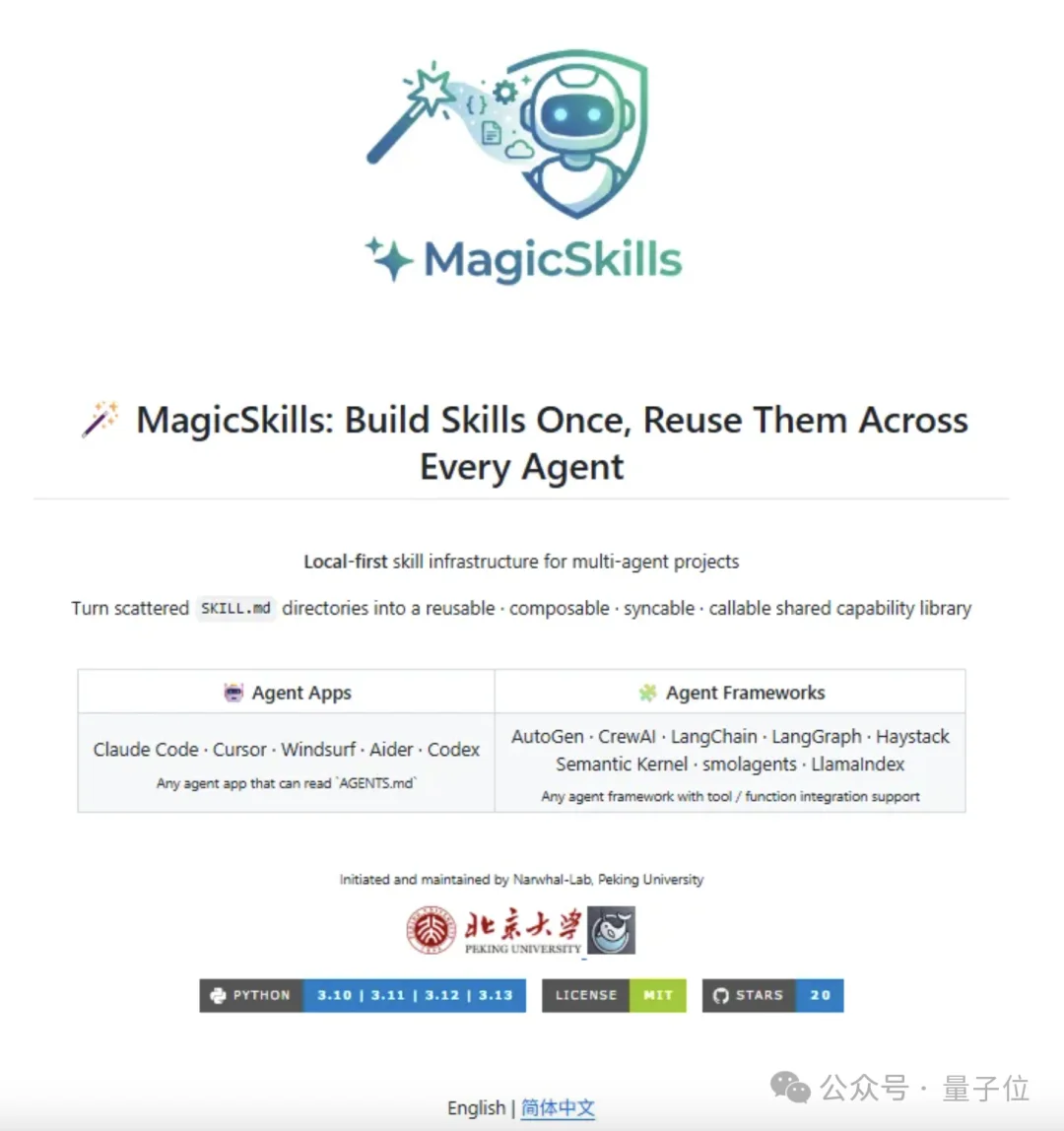 龙虾的应用商店挂牌了!北大开源MagicSkills,让Agent Skill可自由安装组合同步