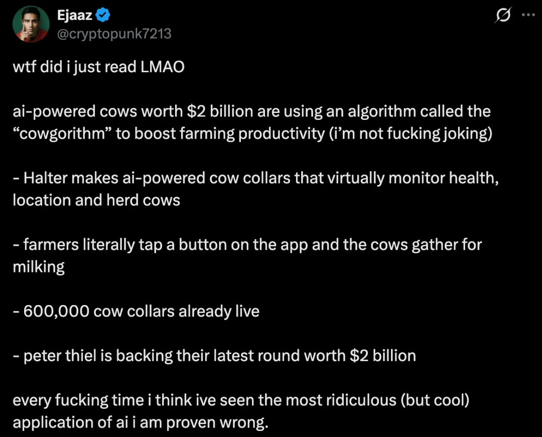 造火箭的辞职去放牛，彼得·蒂尔花20亿美元押注一个AI牛项圈