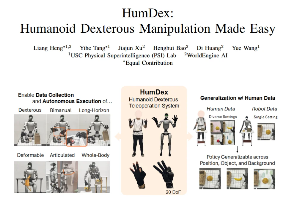 USC团队发布HumDex：攻克人形机器人数据瓶颈，低成本实现全身灵巧操控