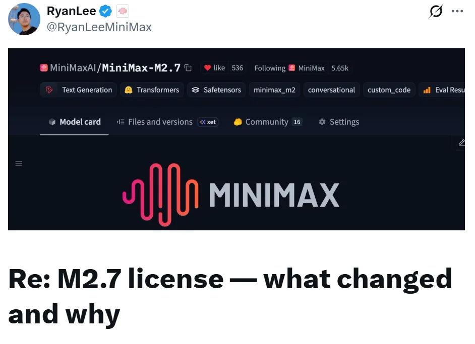 MiniMax修改开源授权被骂疯了！限制M2.7商用、强制标注来源，却没完全撤下MIT标识
