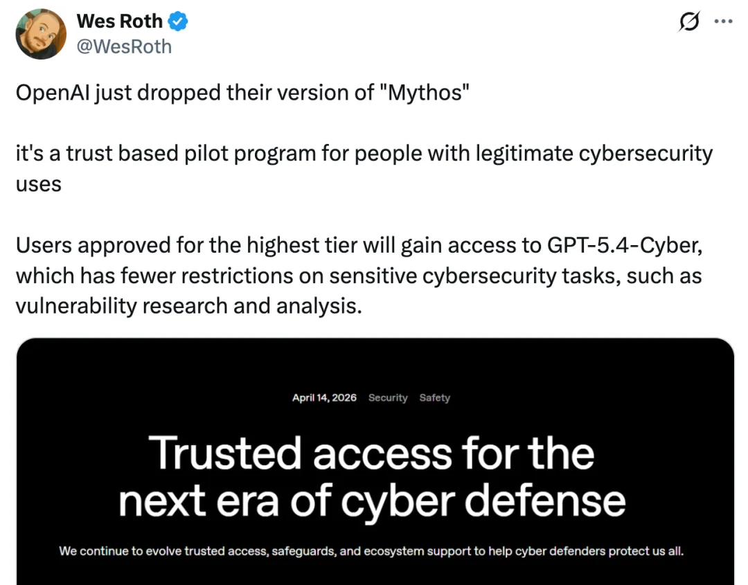 OpenAI也搞「Mythos」？刚刚，网络安全版GPT-5.4-Cyber亮相