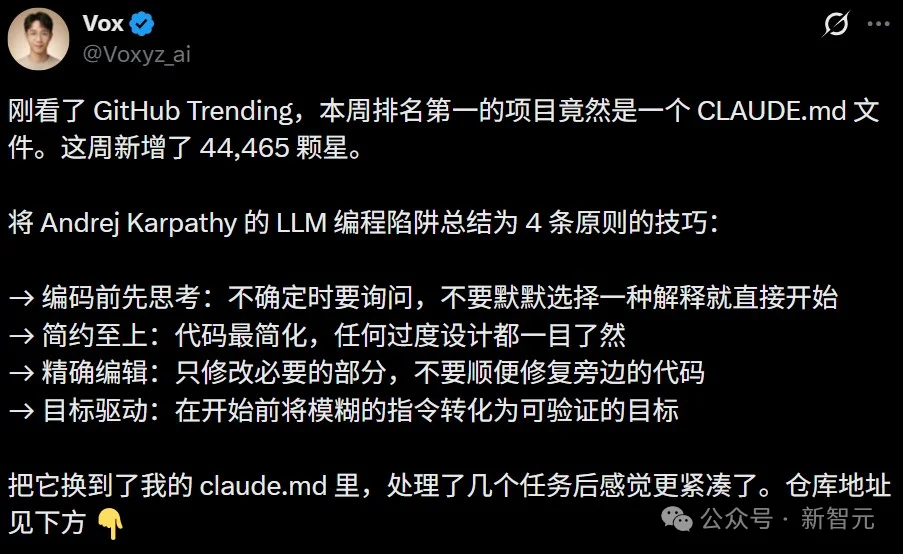 一个CLAUDE.md霸榜GitHub第一！蒸馏自Karpathy，6万码农抄作业