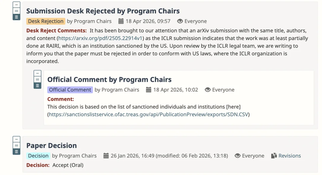 ICLR发了Oral又反悔，理由是查到了制裁名单？