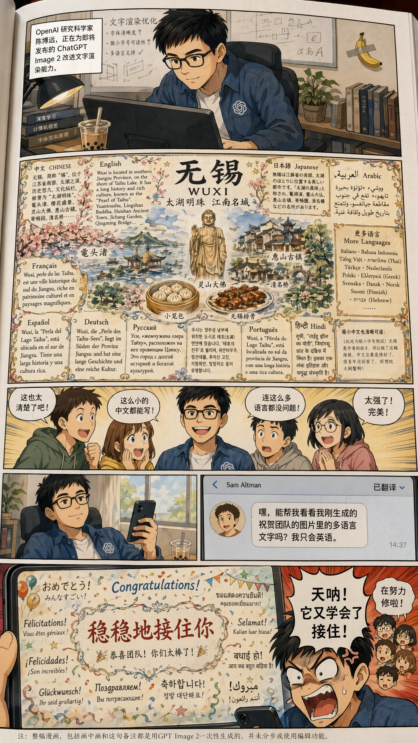 Generated with ChatGPT Images 2.0, this manga-style comic page shows an OpenAI researcher demonstrating multilingual text rendering improvements, featuring detailed illustrated panels, translated city posters, smartphone chats, and celebratory messages in many languages.